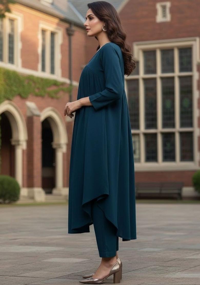 Blue Solid Silk Kurta Set - Indya