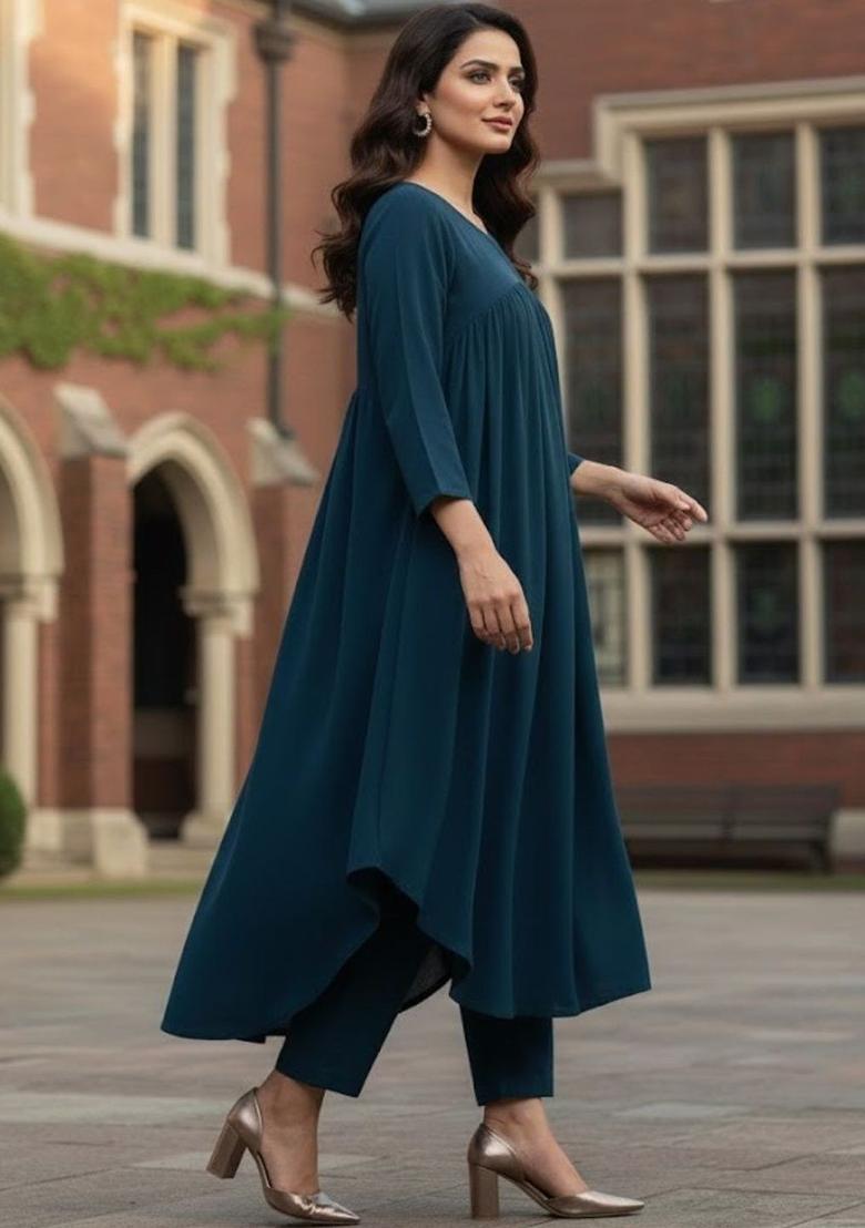 Blue Solid Silk Kurta Set - Indya