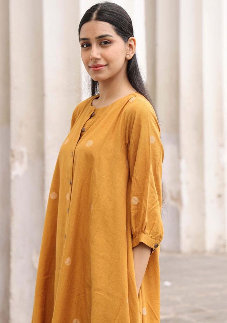 Yellow Printed Viscose Kurta Set - Indya