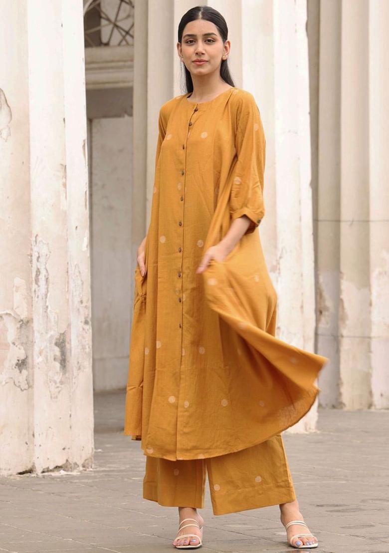 Yellow Printed Viscose Kurta Set - Indya