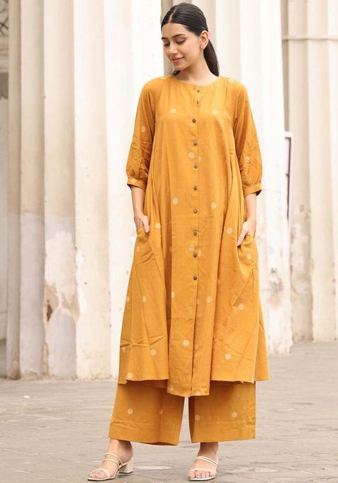 Yellow Printed Viscose Kurta Set — view on Indya