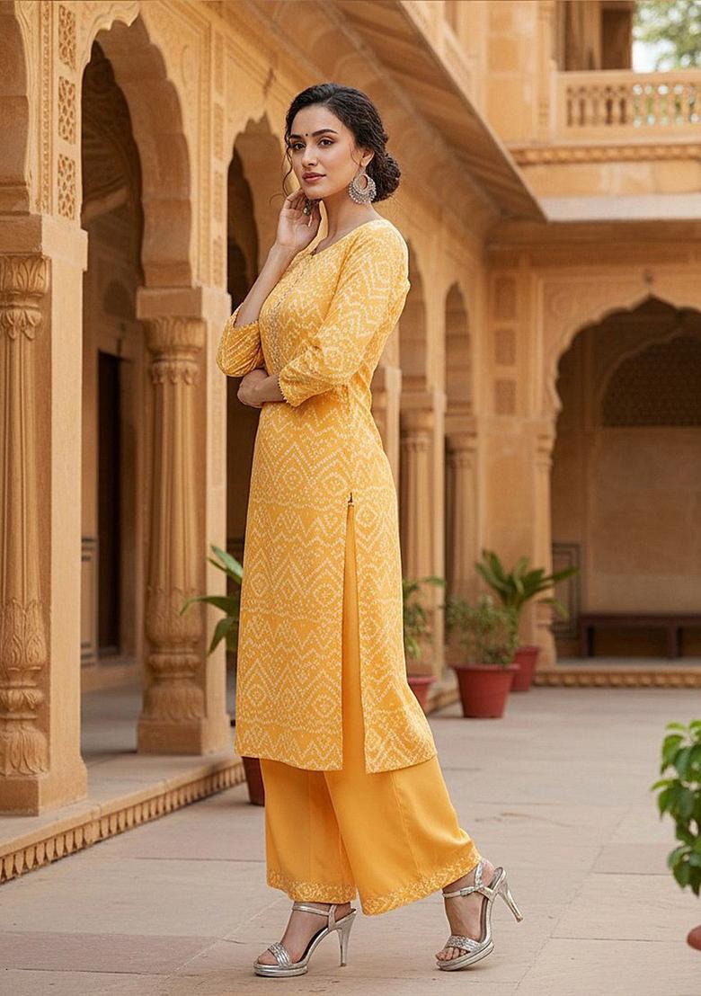 Yellow Printed Crepe Kurta Set - Indya