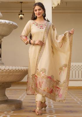 Beige Embroidered Silk Blend Kurta Set