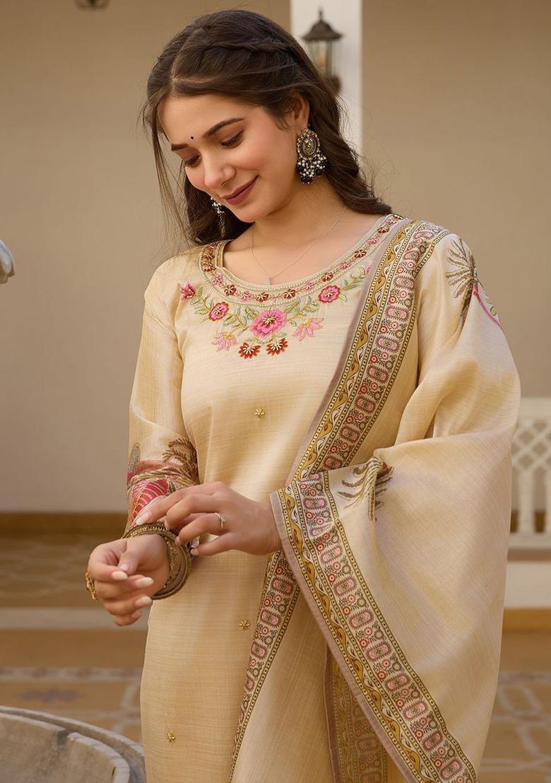 Beige Embroidered Silk Kurta Set - Indya
