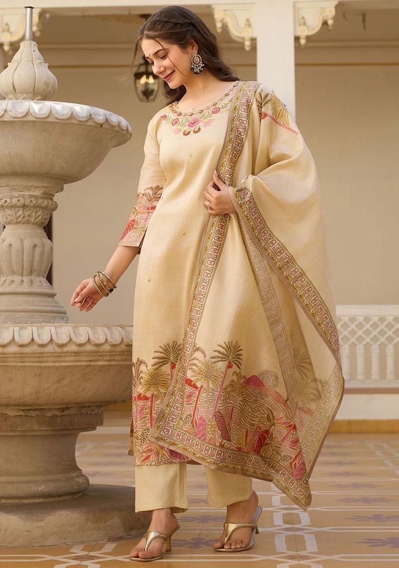 Beige Embroidered Silk Kurta Set - Indya