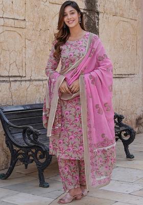 Beige Printed Cotton Kurta Set