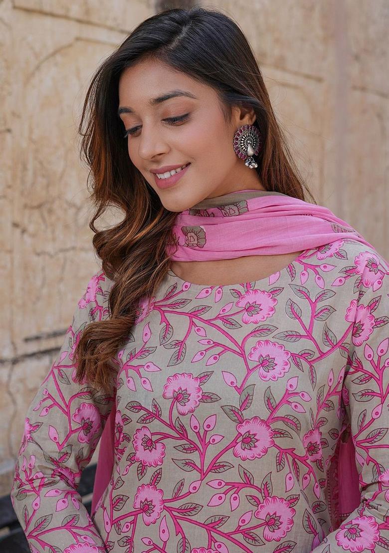 Beige Printed Cotton Kurta Set - Indya