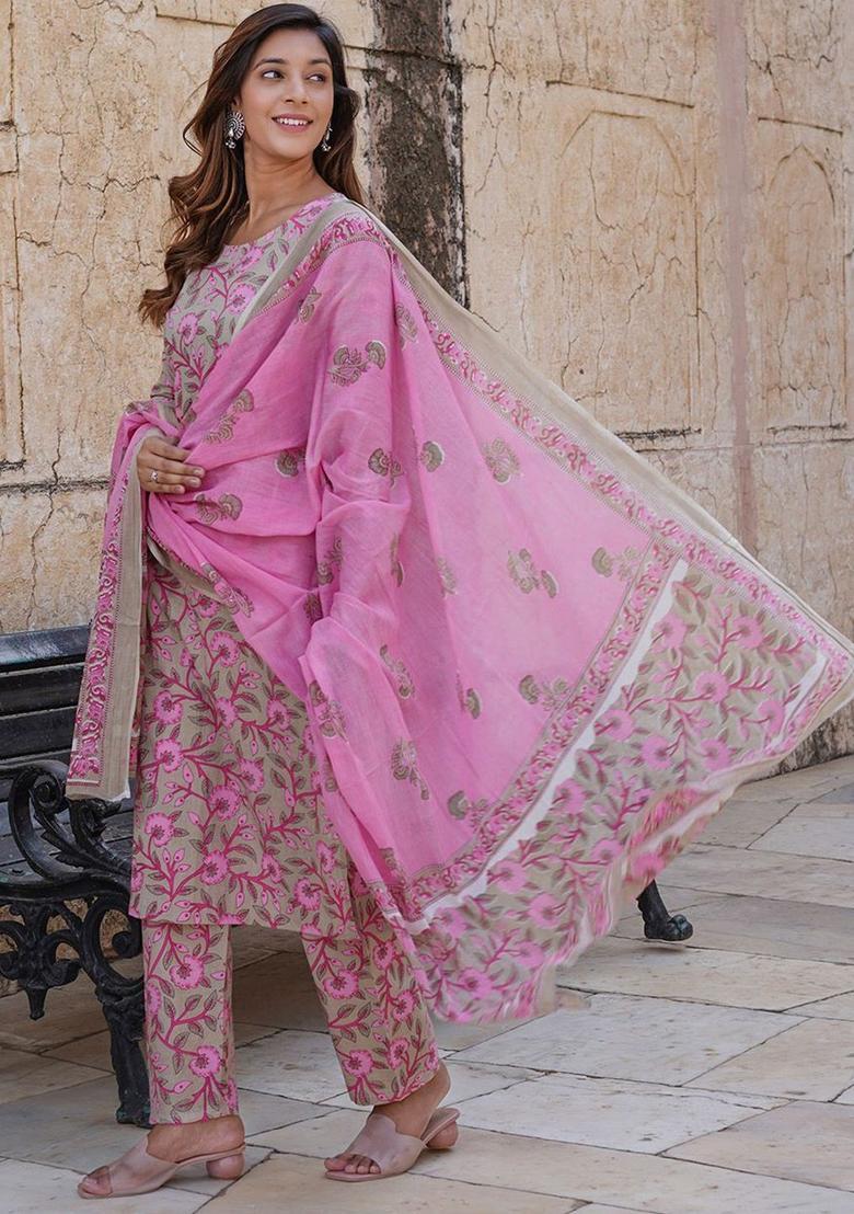 Beige Printed Cotton Kurta Set - Indya