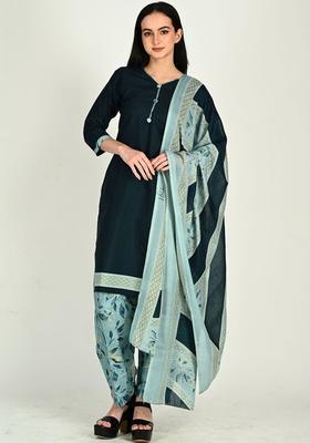 Blue Self Design Cotton Kurta Set