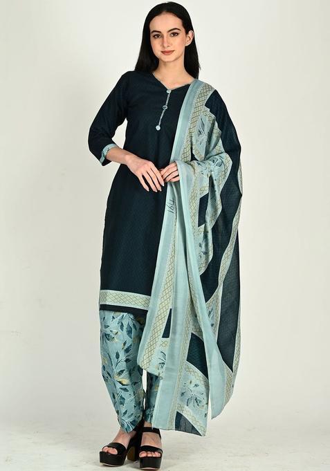 Blue Self Design Cotton Kurta Set — view on Indya