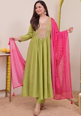 Olive Embroidered Chinon Kurta Set