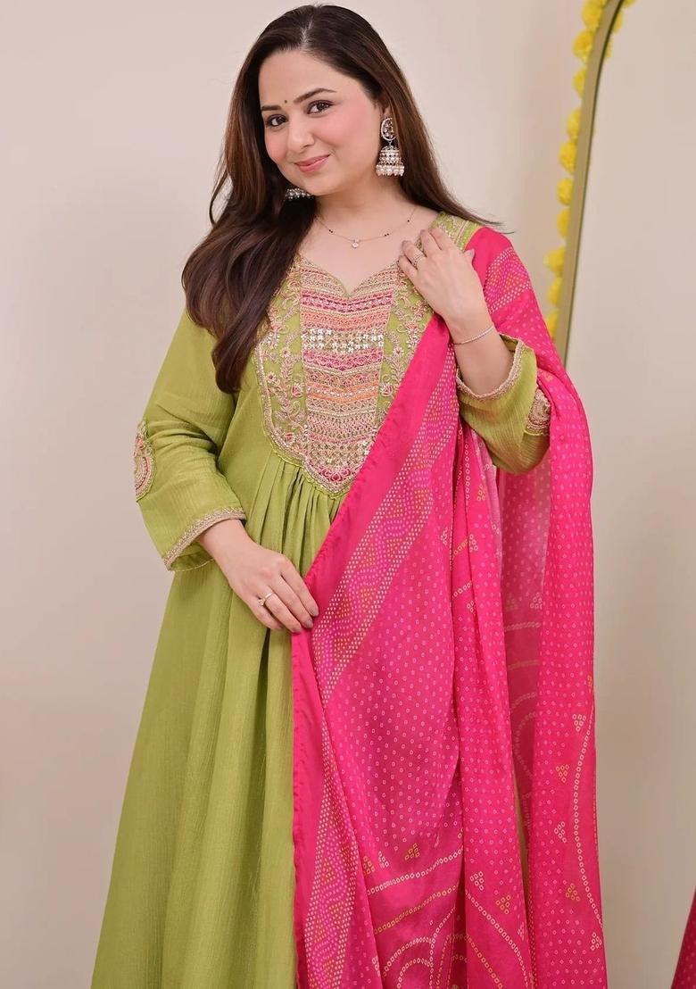 Olive Embroidered Chinon Kurta Set - Indya
