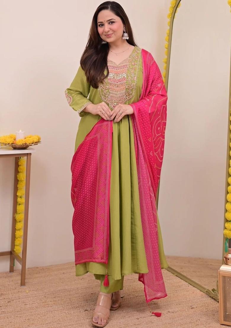 Olive Embroidered Chinon Kurta Set - Indya