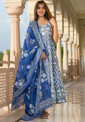 Blue Printed Cotton Kurta Set