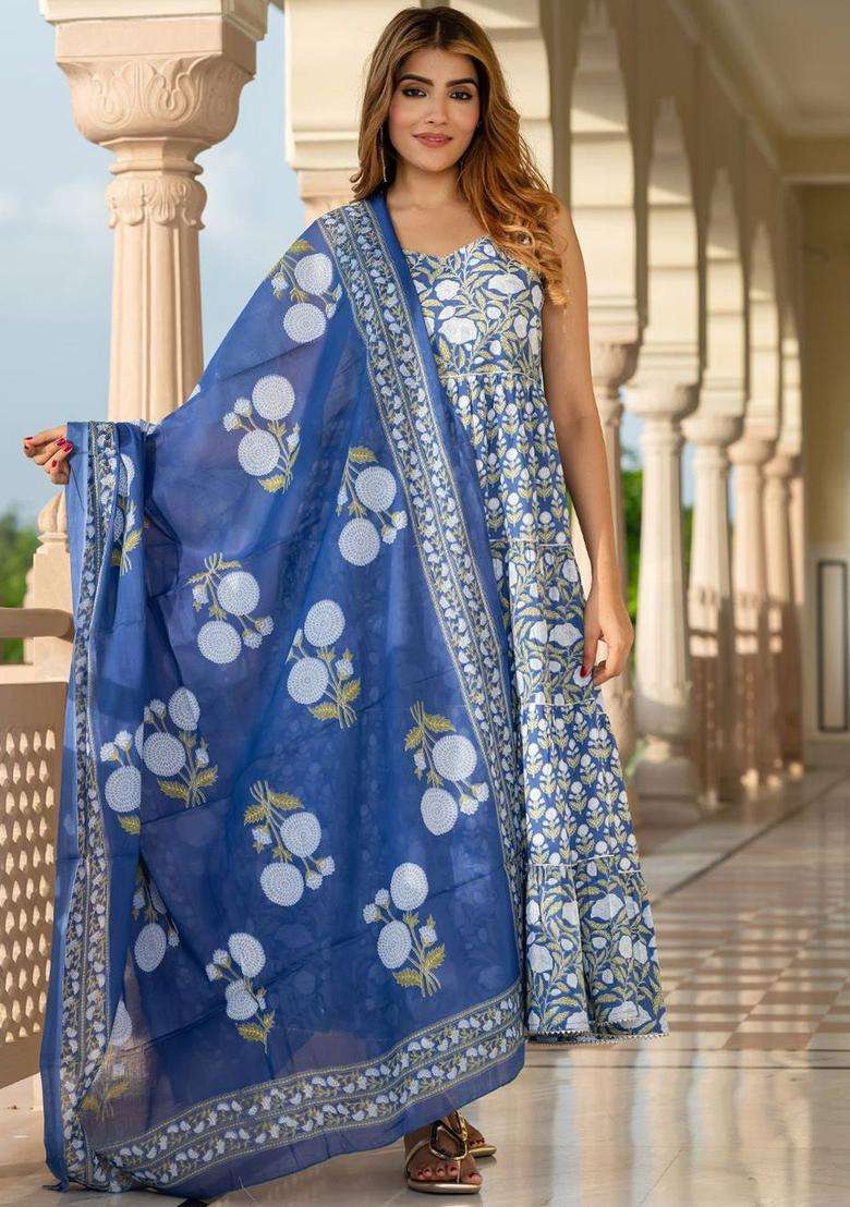 Blue Printed Cotton Kurta Set - Indya