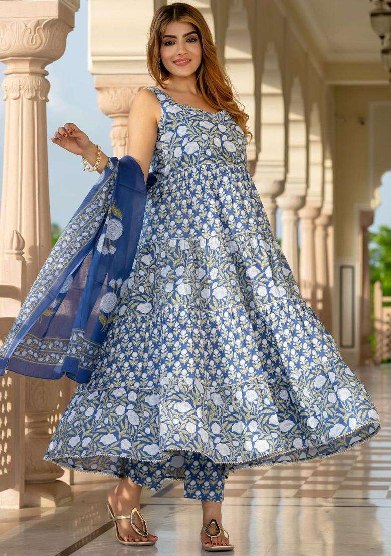 Blue Printed Cotton Kurta Set - Indya
