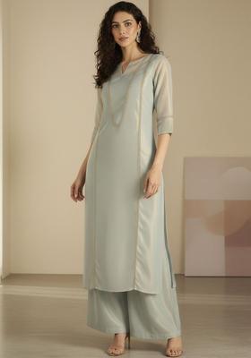 Green Self Design Silk Blend Kurta Set
