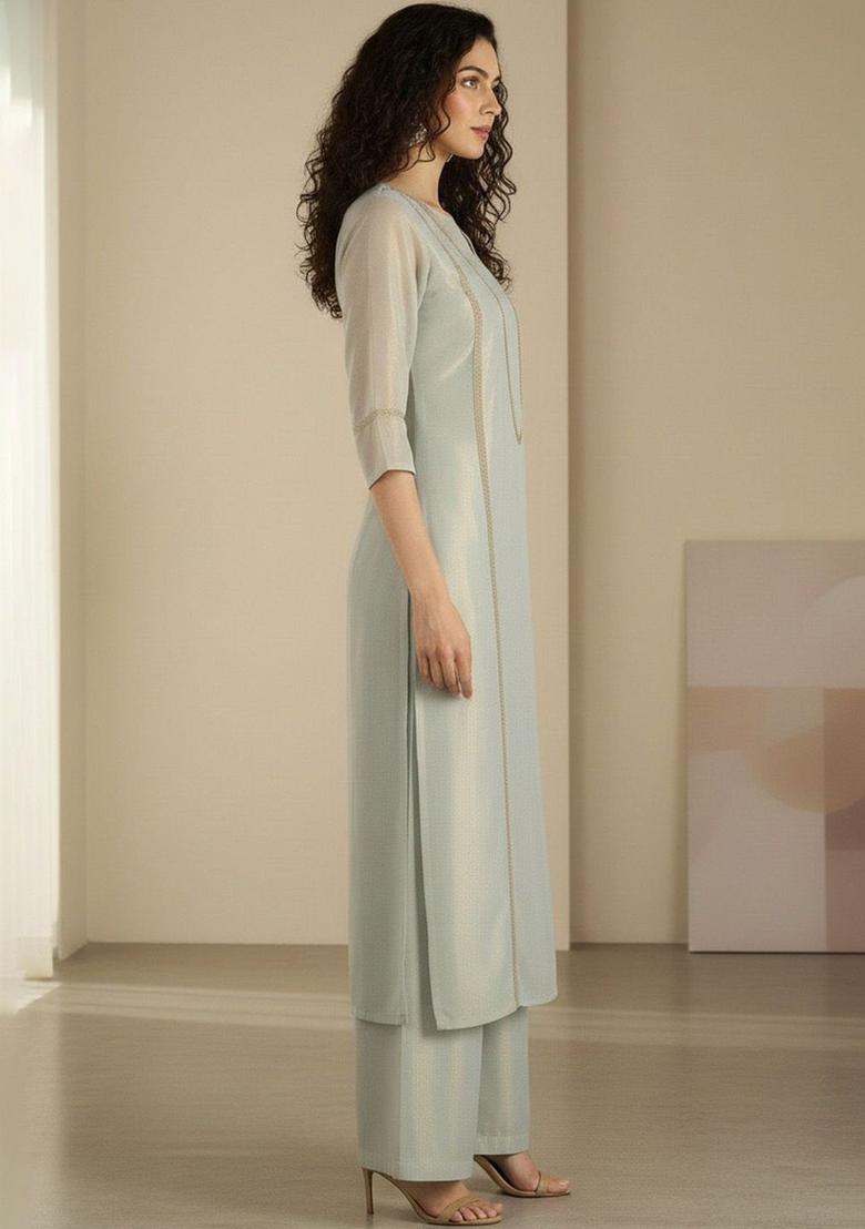 Green Self Design Silk Kurta Set - Indya
