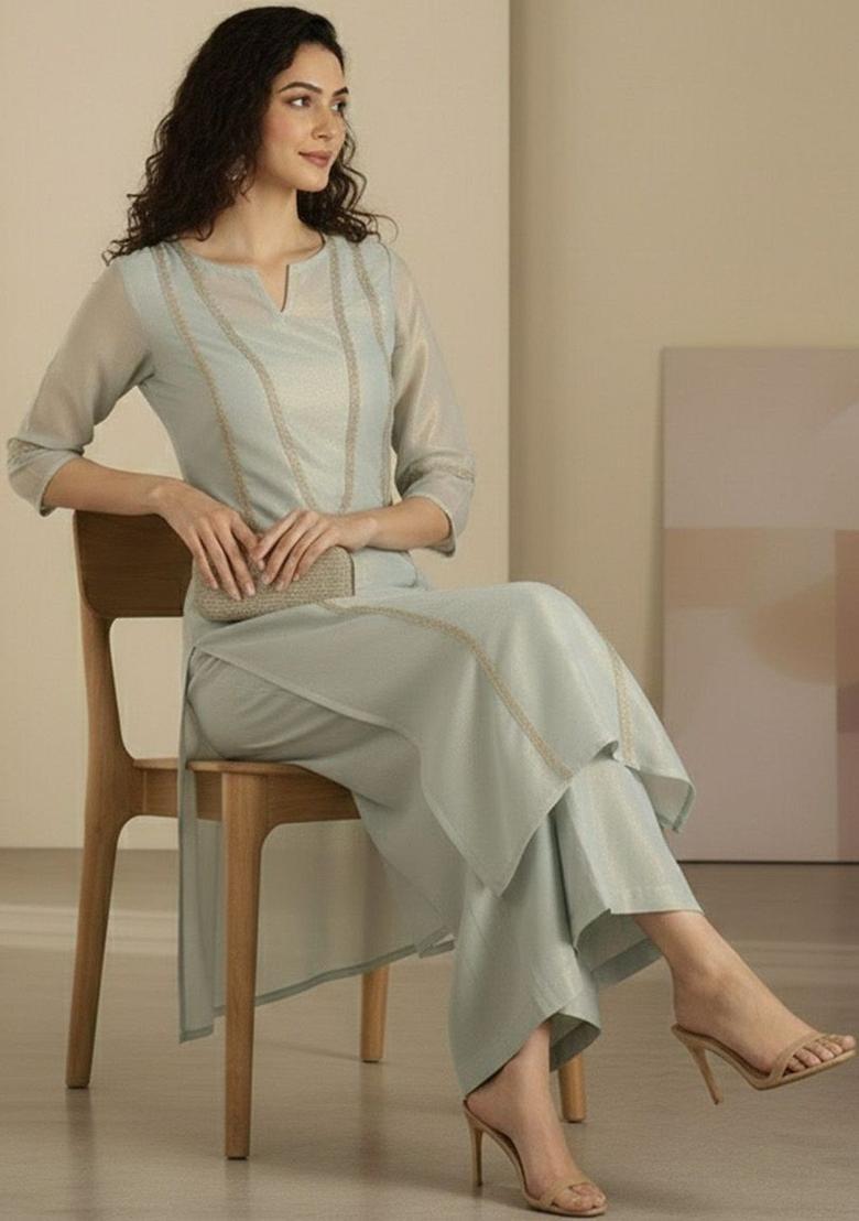 Green Self Design Silk Kurta Set - Indya