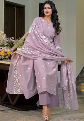 Purple Embroidered Silk Kurta Set