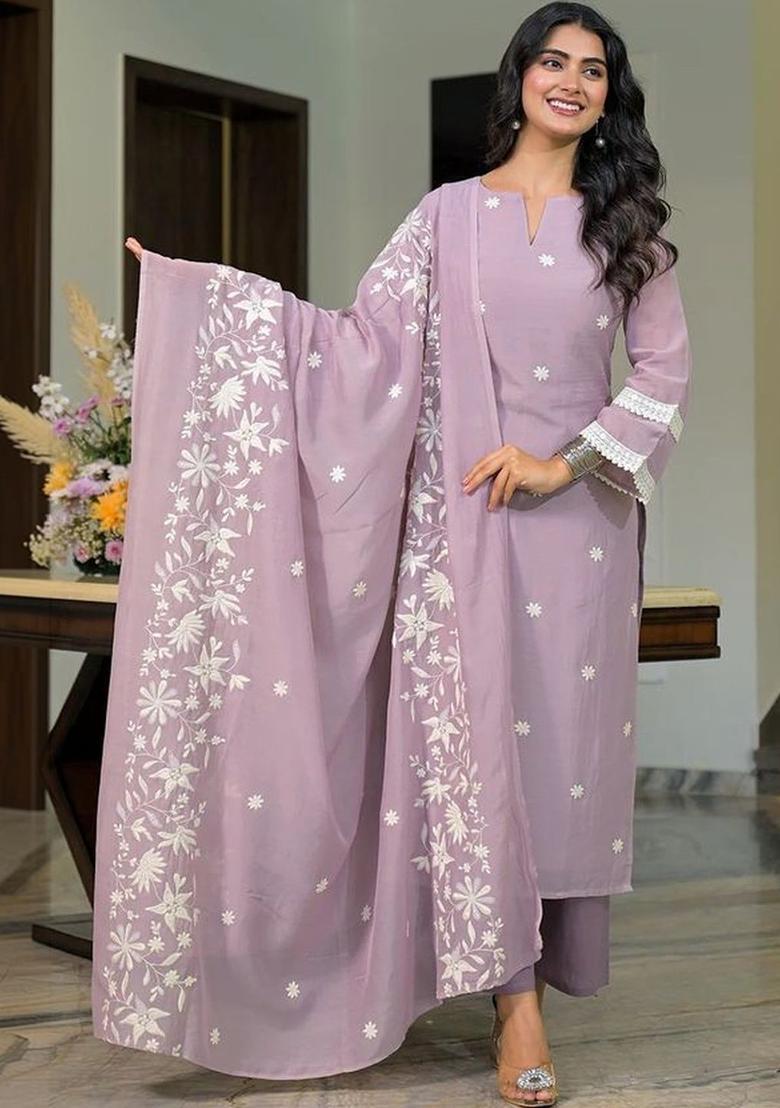Purple Embroidered Silk Kurta Set - Indya
