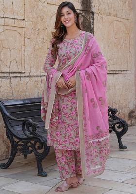 Beige Printed Cotton Kurta Set