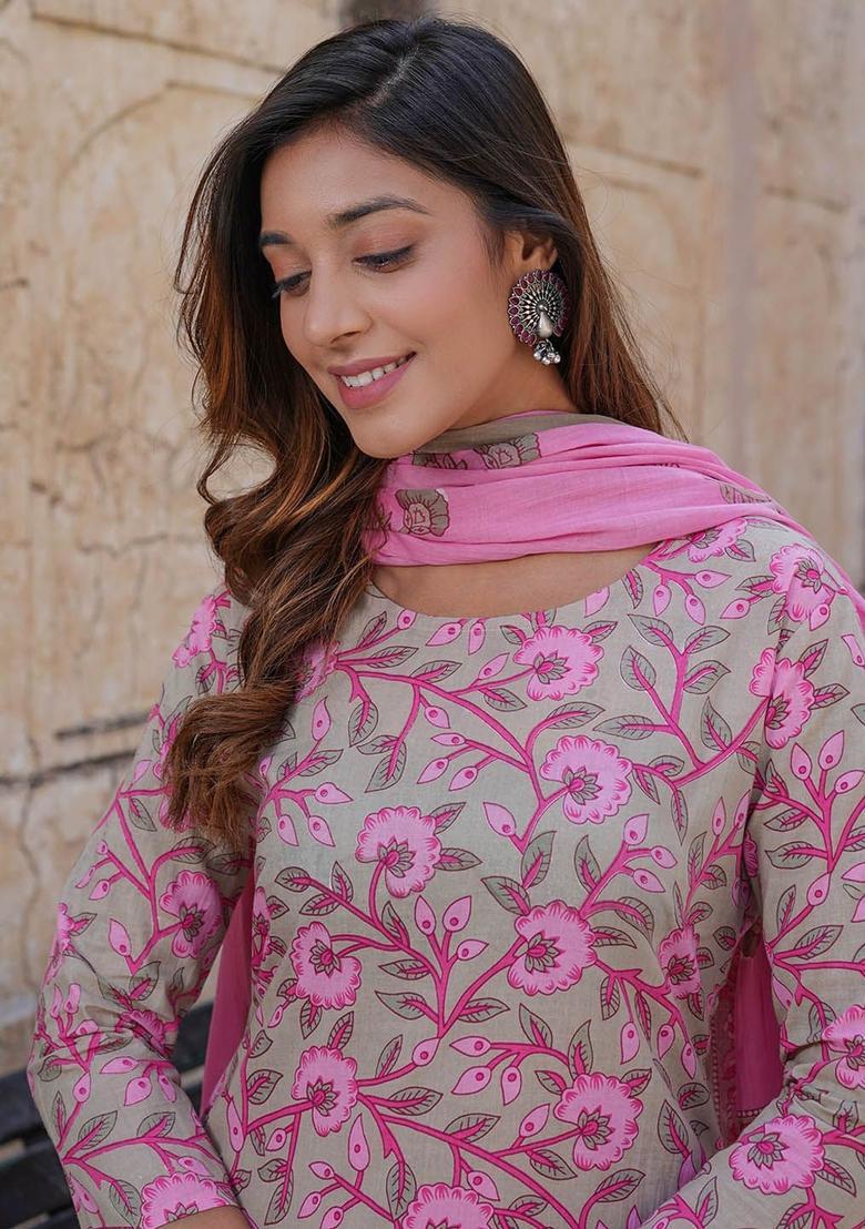 Beige Printed Cotton Kurta Set - Indya
