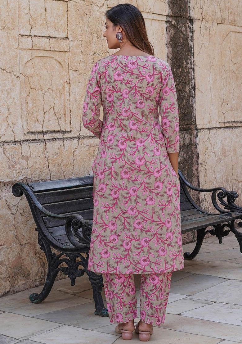 Beige Printed Cotton Kurta Set - Indya