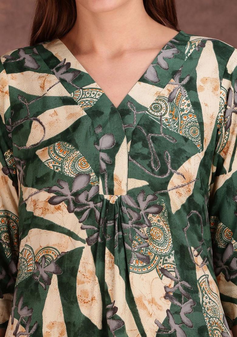 Green Printed Viscose Kurta Set - Indya
