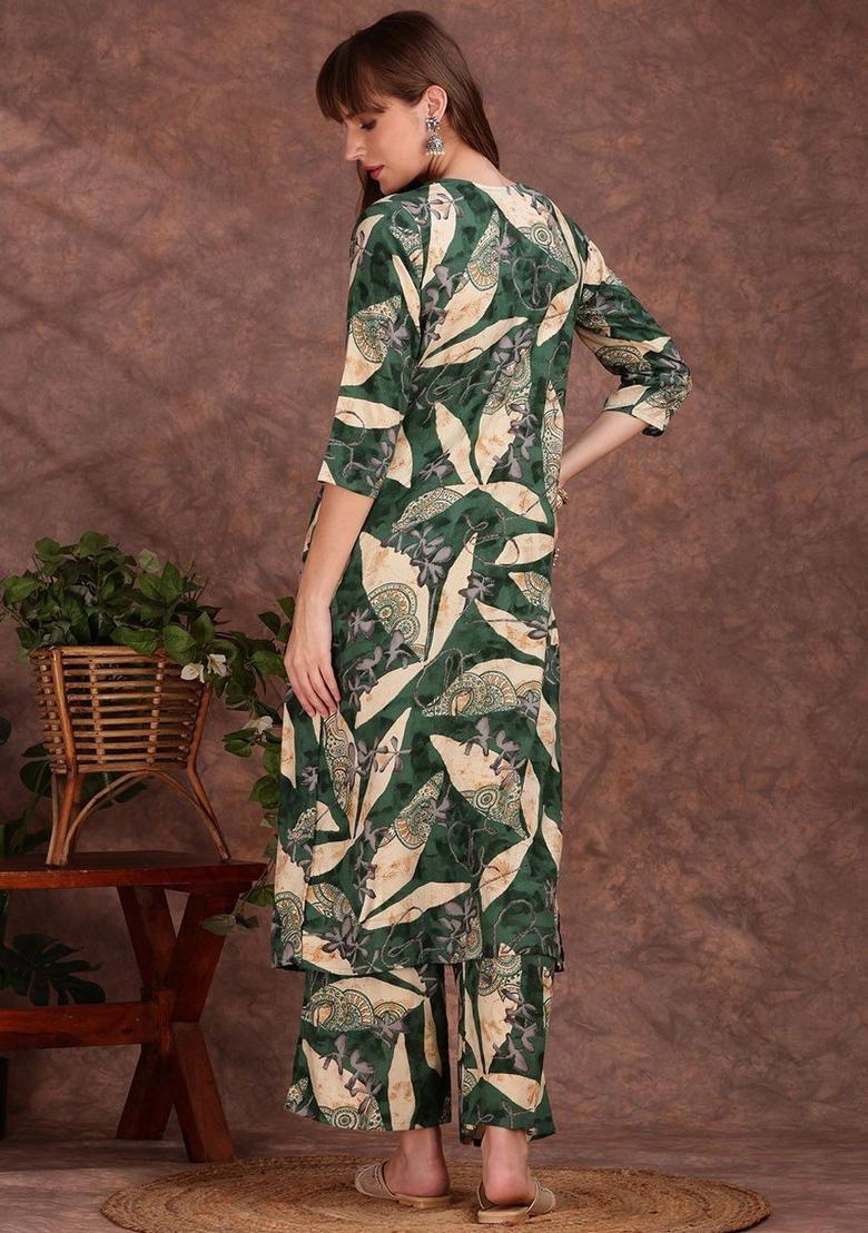 Green Printed Viscose Kurta Set - Indya