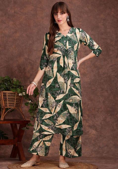 Green Printed Viscose Kurta Set — view on Indya