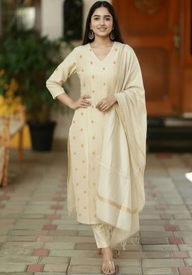 Beige Printed Viscose Kurta Set