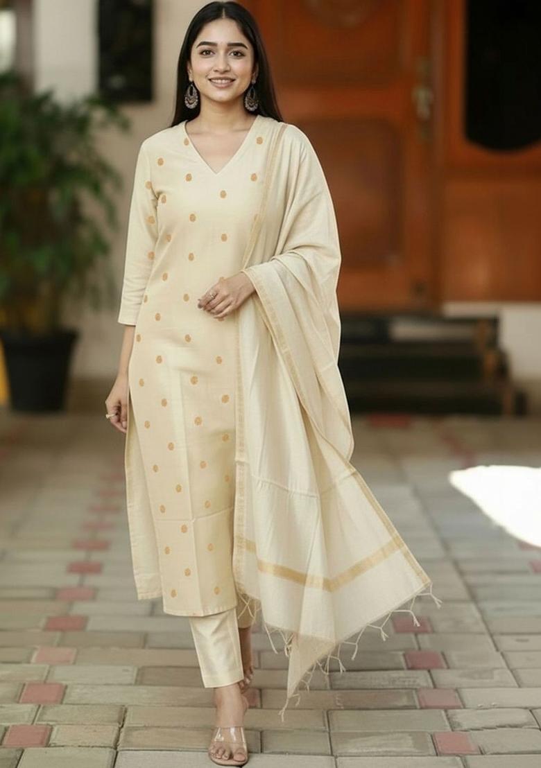 Beige Printed Viscose Kurta Set - Indya