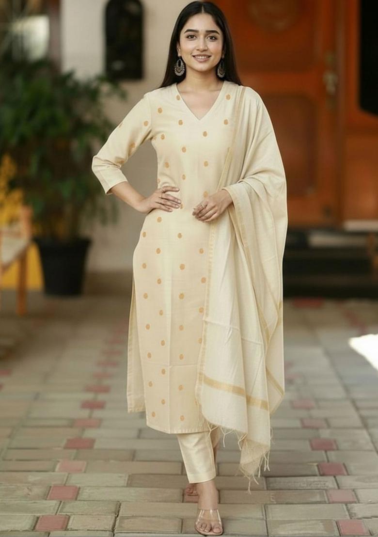 Beige Printed Viscose Kurta Set - Indya
