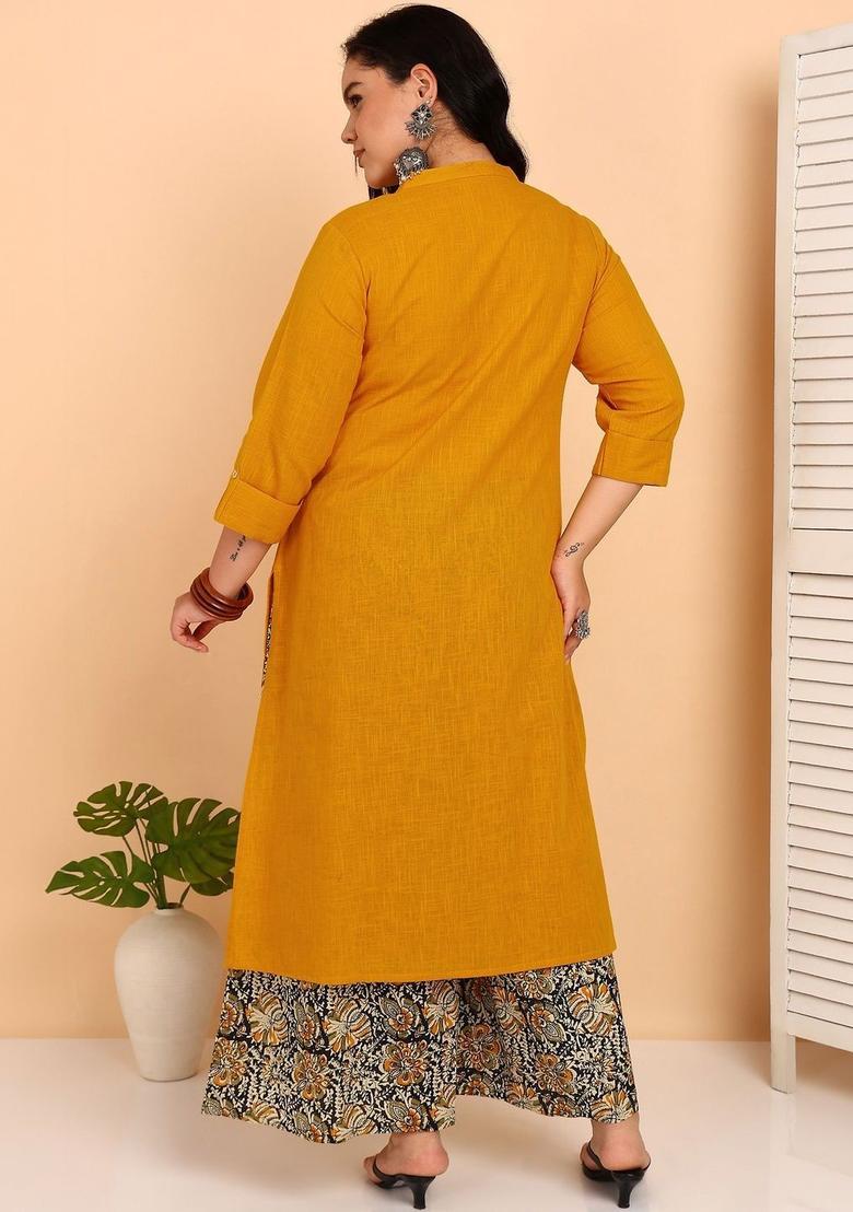 Yellow Solid Cotton Kurta Set - Indya