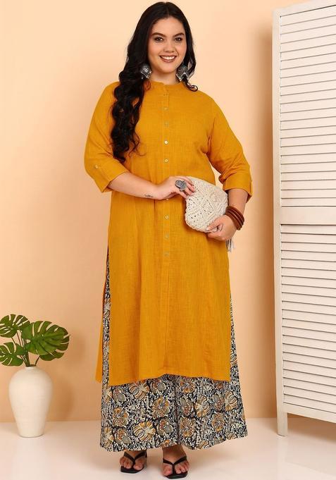Yellow Solid Cotton Kurta Set — view on Indya