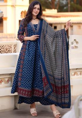 Blue Printed Viscose Kurta Set