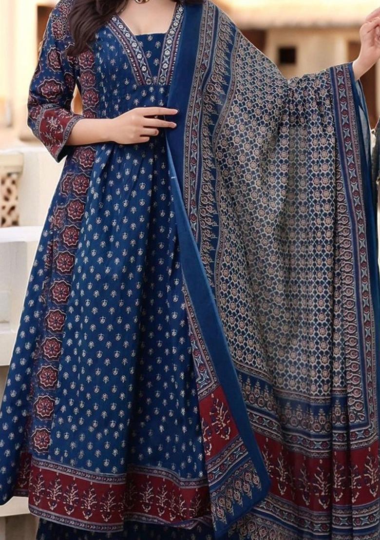 Blue Printed Viscose Kurta Set - Indya