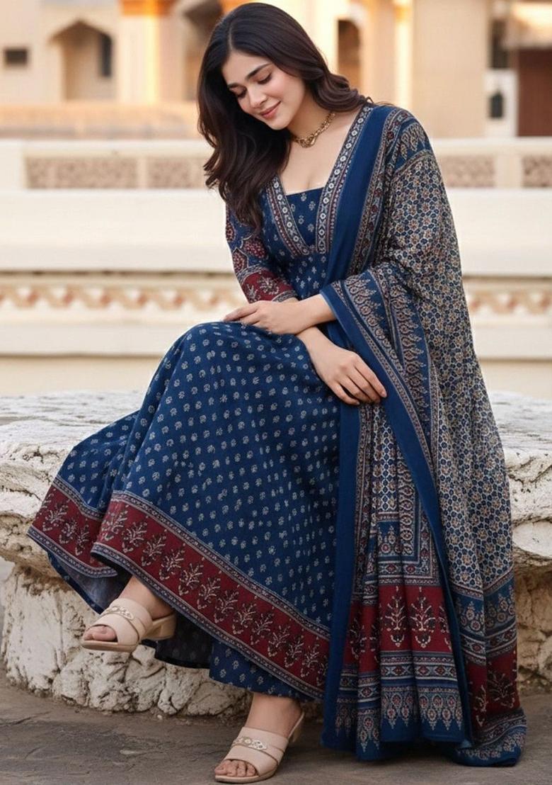 Blue Printed Viscose Kurta Set - Indya