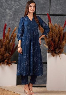 Blue Printed Viscose Kurta Set