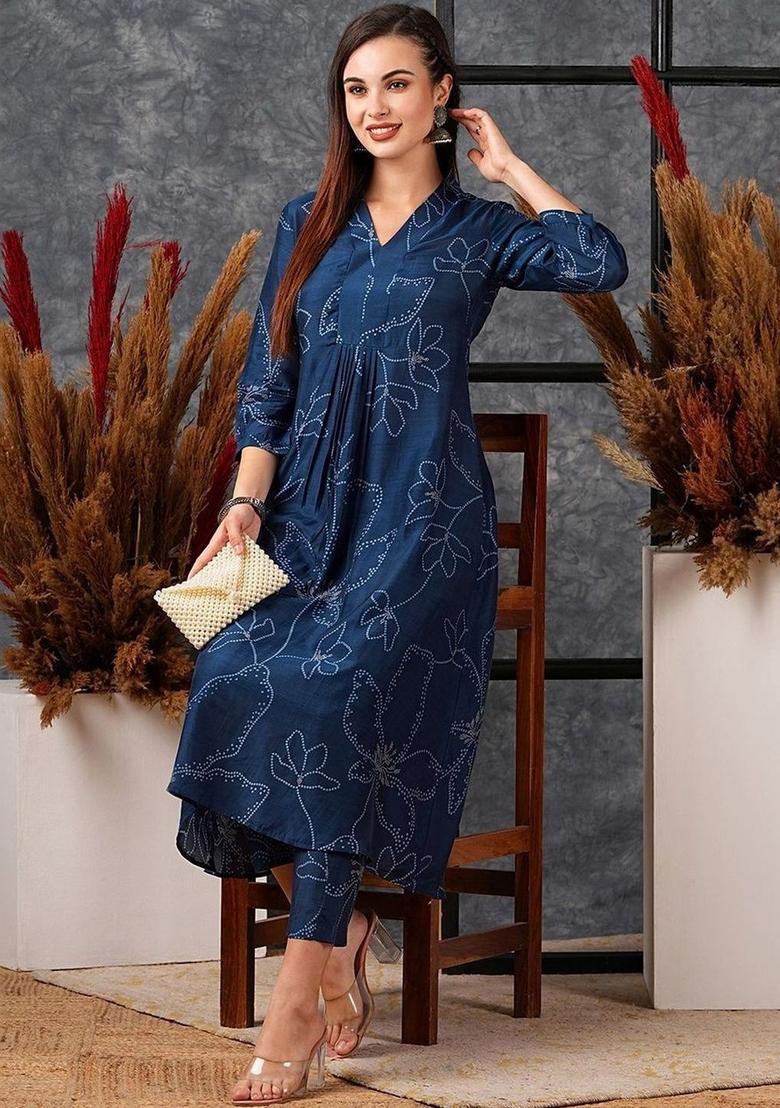 Blue Printed Viscose Kurta Set - Indya