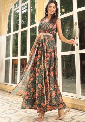 Green Printed Georgette Kurta Set