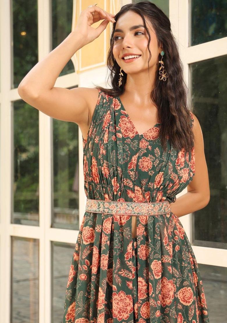 Green Printed Georgette Kurta Set - Indya