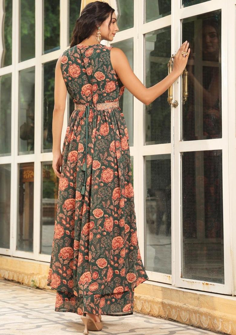 Green Printed Georgette Kurta Set - Indya