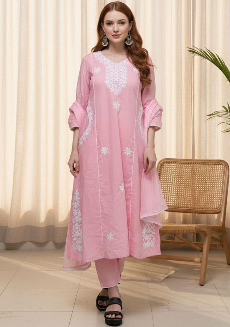 Pink Embroidered Silk Kurta Set - Indya