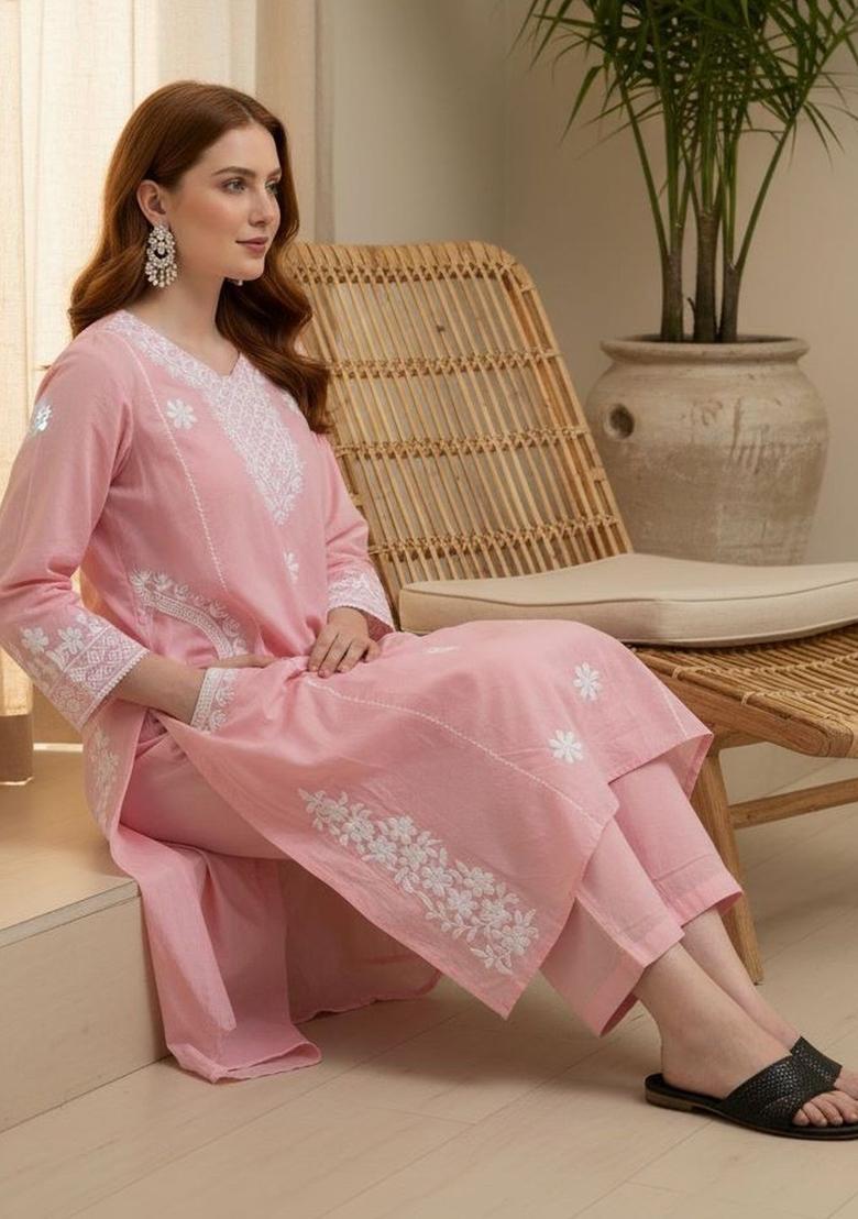 Pink Embroidered Silk Kurta Set - Indya