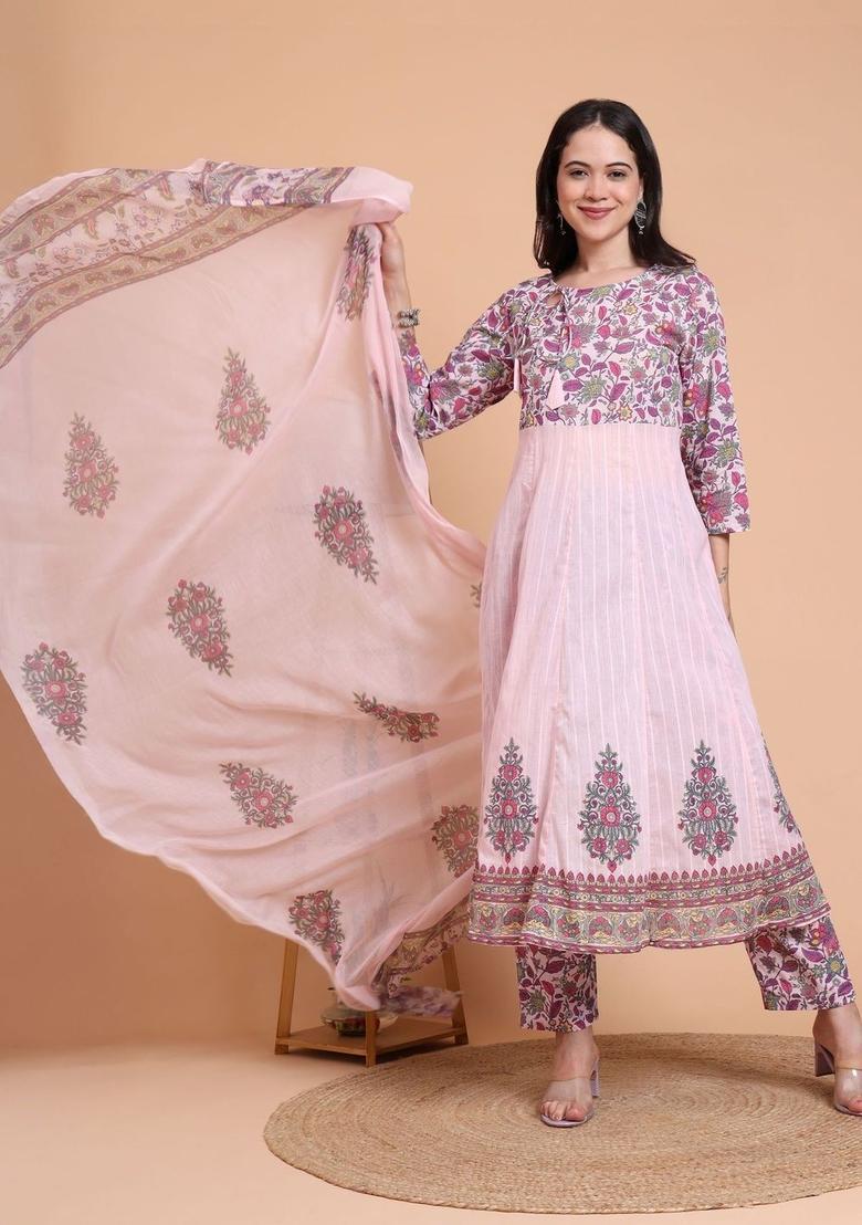 Pink Printed Cotton Kurta Set - Indya