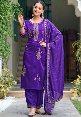 Purple Embroidered Chinon Kurta Set