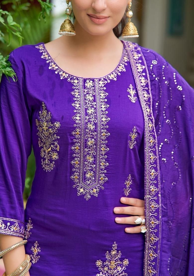Purple Embroidered Chinon Kurta Set - Indya