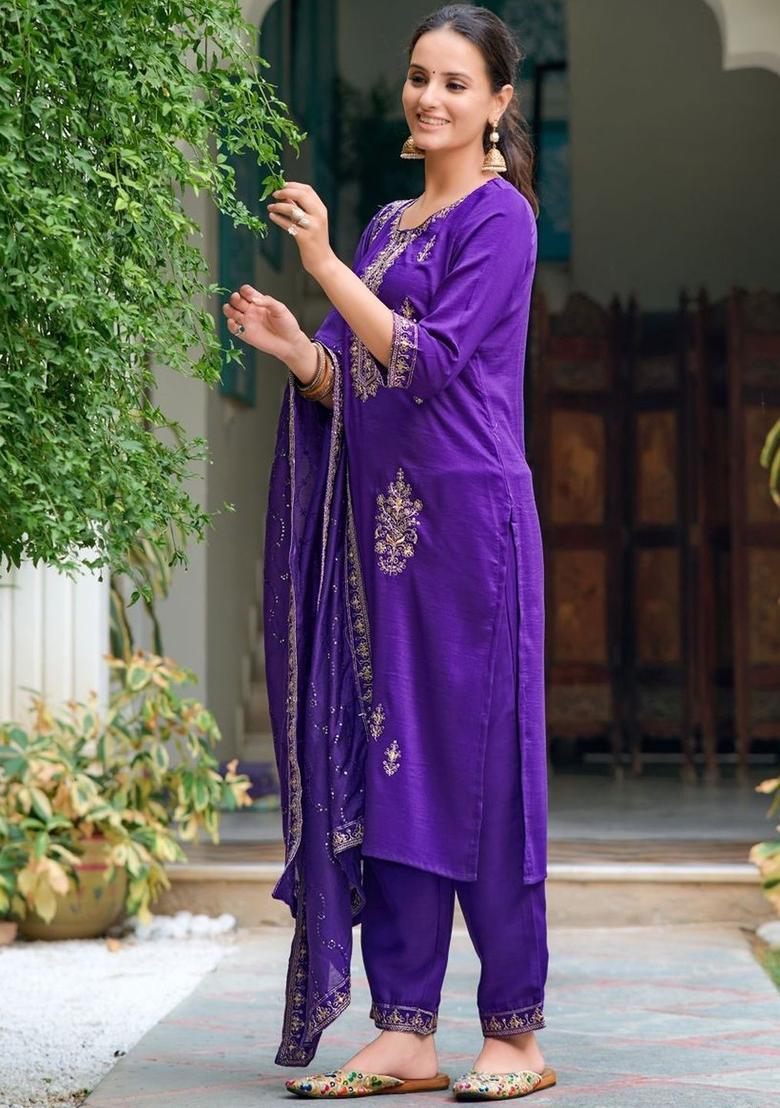 Purple Embroidered Chinon Kurta Set - Indya
